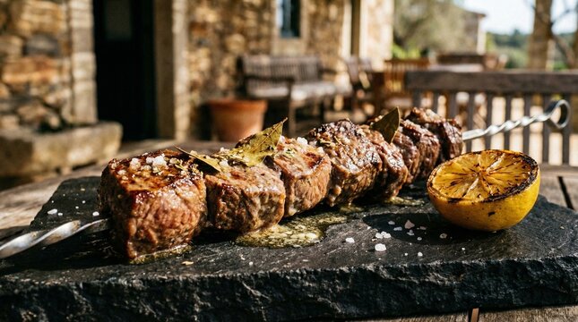 Traditional Madeira Beef Espetada on Metal Skewer with Garlic