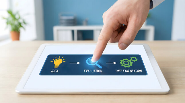 Human hand tapping digital tablet showing idea evaluation and implementation process on office desk