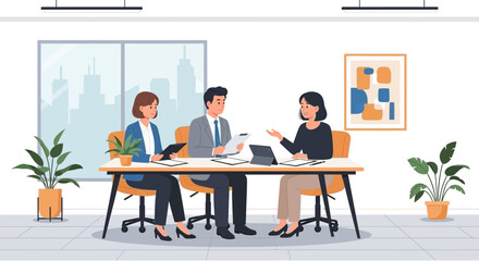 Professional office meeting vector illustration of corporate teamwork concept in a modern business setting