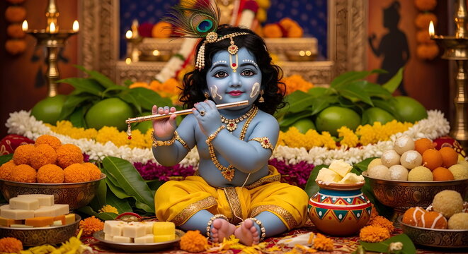 Happy Krishna Janmashtami celebration featuring Little Lord Krishna playing flute, adorned with peacock feather and jewels, surrounded by sweets and vibrant temple decorations