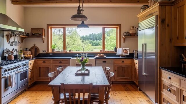 A warm and inviting kitchen with a large wooden dining table, stainless steel appliances, and a view of the outdoors through a large window. Perfect for home decor, interior design, and