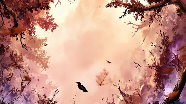 A vibrant, upward perspective of trees with red leaves, silhouetted birds against the sky