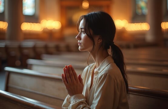 Woman sits in church pew praying with folded hands. Young parishioner seeks divine guidance. Spiritual reflection, quiet devotion in sacred space.