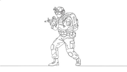 Obraz premium Soldier in tactical gear aiming rifle in dynamic stance