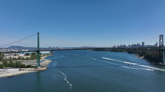 Lions Gate Bridge and Downtown Vancouver Skyline Over Burrard Inlet, British Columbia Canada