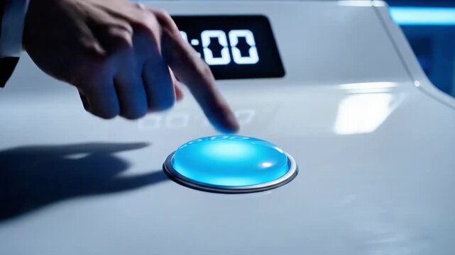 A hand pressing a glowing blue button on a futuristic control panel with a digital timer display