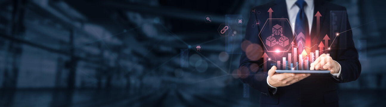 Businessman using a tablet for analyzing blockchain technology data and information, cryptocurrency, decentralized ledger, smart contracts, fintech solutions, secure transactions.