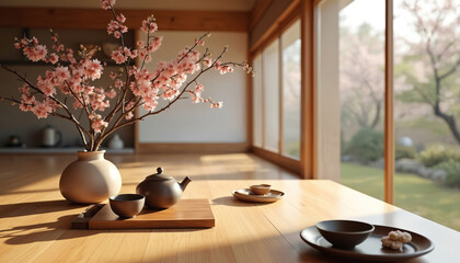 Fototapeta premium Japanese kitchen interior features wooden surfaces and minimalist tableware. Cherry blossoms in vase add color. Large window overlooks garden with blooming trees.