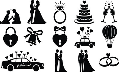 Naklejka premium Romantic wedding and love silhouette icons collection featuring couples, rings, cakes, champagne, balloons, and celebration elements perfect for marriage, engagement, and romantic stock illustrations