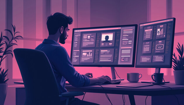 Designer works on computer creating app interface. Man designs website wireframe mockups on dual monitors. User experience planning in modern office.