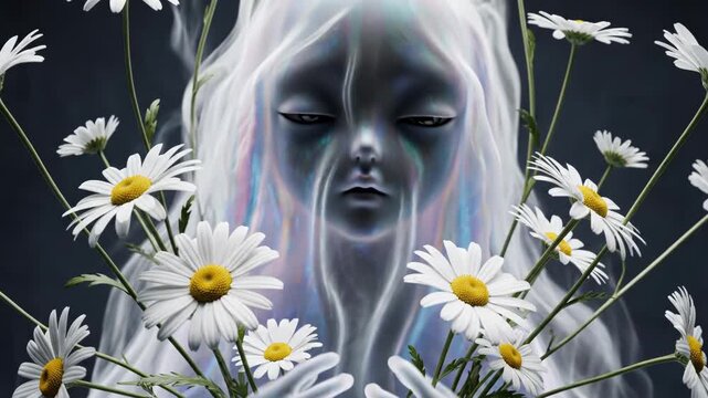 An ethereal figure, resembling a woman, emerges among white daisies.