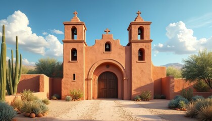 Fototapeta premium mission church with dual bell towers, arched entry, and cross. Desert landscape with saguaro cacti, arid plants, and sandy path. Clear blue sky with white clouds above.