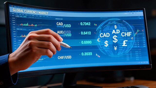 Hand pointing at currency market data