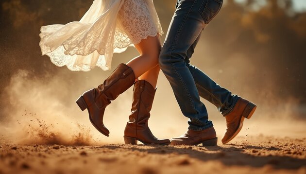 Couple in cowboy boots dances raising dust. Woman wears lace dress, man in jeans. They move dynamically on sandy ground with visible motion blur. Outdoors setting.