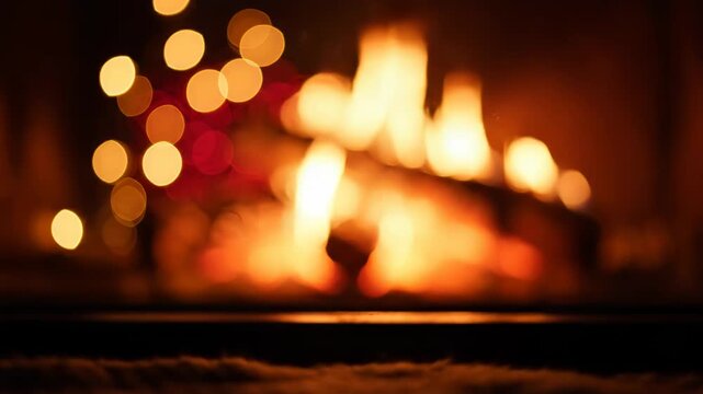 A cozy fireplace shows blurred flames and bokeh lights, creating a.