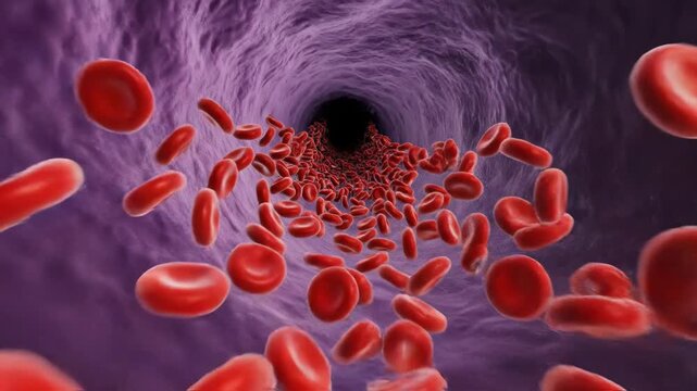 Red blood cells flow through a purple vein, illustrating human.