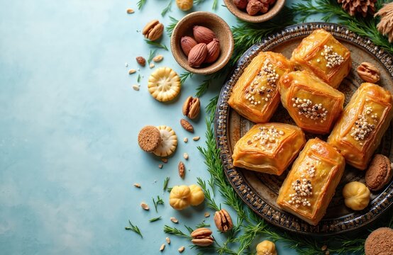 Azerbaijan traditional sweets like shekerbura qogal and paxlava served on plate with nuts and herbs. Holiday dessert spread with copy space for greeting card.