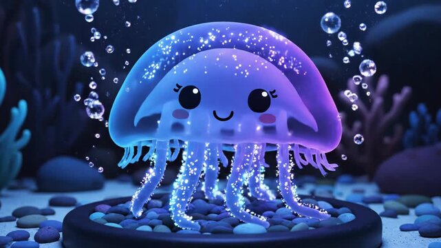 Cute cartoon jellyfish glows brightly with blue and purple light.