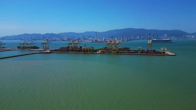 Penang Port North Terminal shipping containers. Perfect aerial view drone