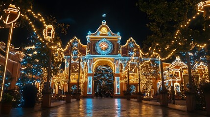 Obraz premium Festive illuminated architectural structure at night with bright lights