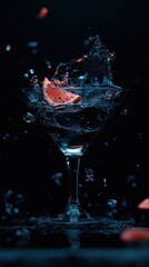 Watermelon slice splashing into a martini glass.