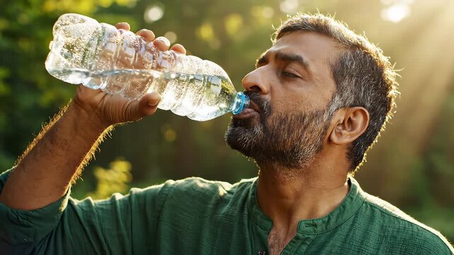 Man drinking water outdoors