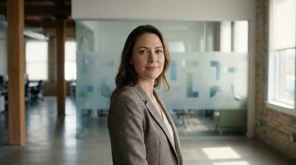 Fototapeta premium personal branding startups brand identity concept. Confident businesswoman standing in a modern office with glass partitions.