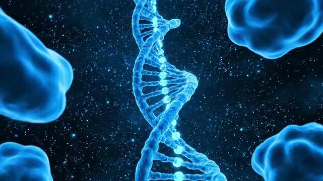 DNA strand, a glowing blue double helix, rotates among abstract cells.