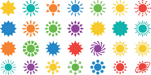 Obraz premium A vibrant collection of diverse sun and starburst icons, showcasing various ray designs and colorful abstract shapes for graphic use.