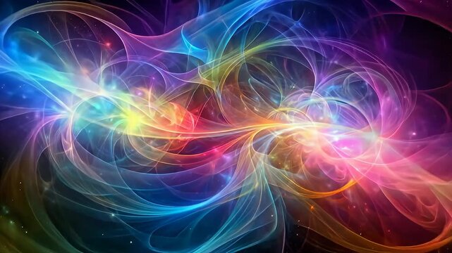 Abstract swirling light patterns radiating from two focal points against a starry night