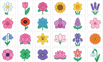 Obraz premium A grid of 24 colorful and diverse stylized flower icons, including daisies, tulips, roses, sunflowers, and more, presented on a white background.