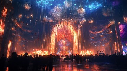 Large ornate hall interior illuminated with vibrant colors and crowd silhouettes
