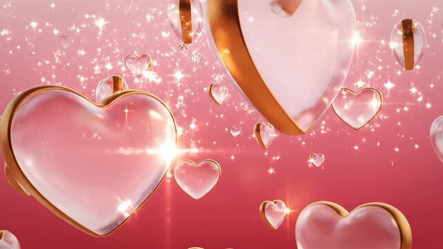 Glass heart shapes floating in pink background