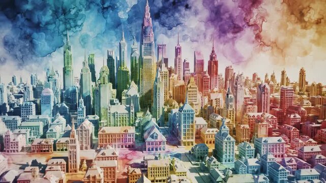 Cityscape with tall buildings is painted in a vibrant rainbow.