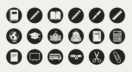 A collection of circular icons featuring school and office supplies for educational and professional use