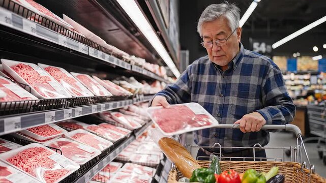 Senior man shopping for meat in grocery store