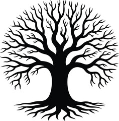 Stylized black tree silhouette with bare branches and roots