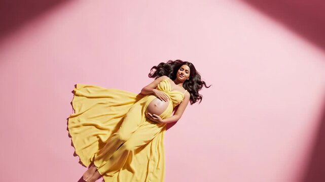 Pregnant woman in a flowing yellow dress poses dynamically against.