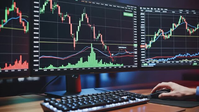 Trader monitors complex financial stock market charts on multiple.