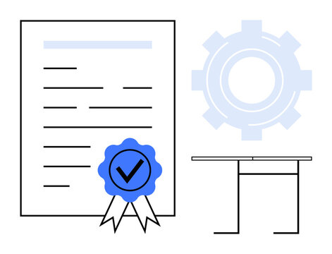 Certification, quality assurance procedures, professional standards, accreditation, policy documentation, education. Certificate with ribbon and checkmark, table gear. Certification and quality