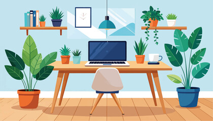 Fototapeta premium Modern Office Desk with Computer and Plants 1.