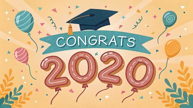 Vibrant 2020 graduation celebration with balloons and confetti