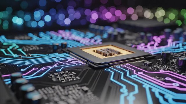 Circuit board with colorful neon lights