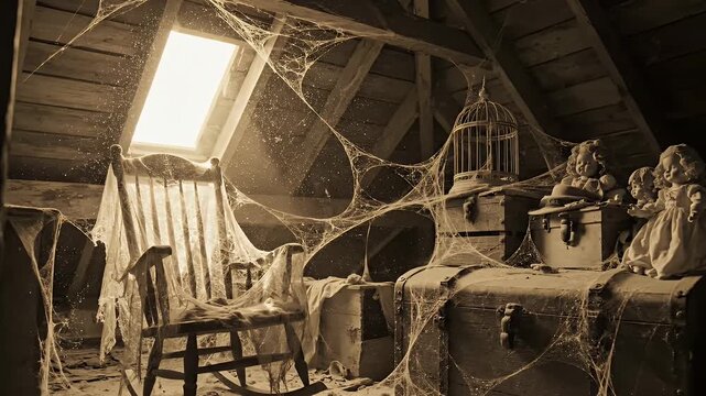 Abandoned Attic Filled with Cobwebs and Vintage Toys