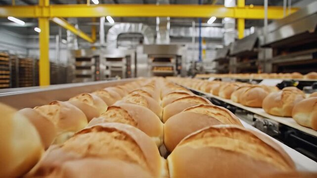 Bread production line in bakery factory