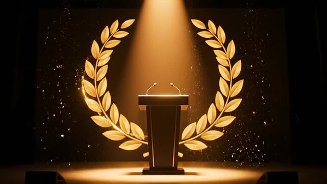 A luxurious stage with a gleaming podium and laurel wreath under spotlight, symbolizing excellence and prestige in a prestigious award ceremony