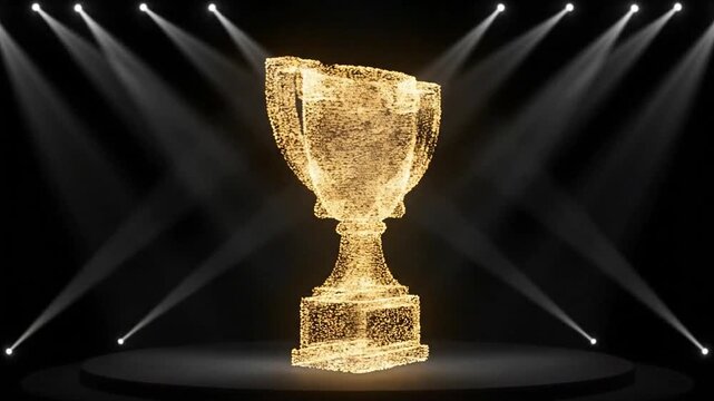 A gleaming golden trophy on a luxurious stage, surrounded by spotlights, celebrating excellence and achievement in a grand ceremony