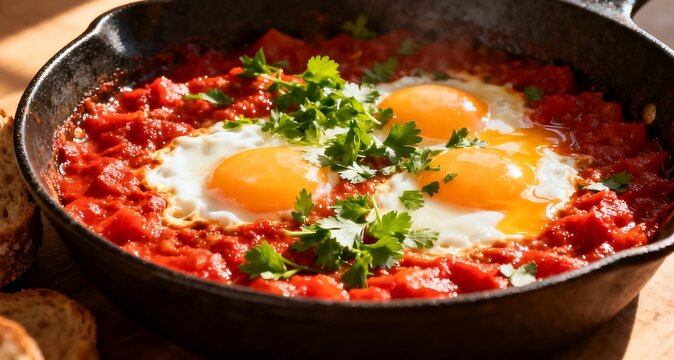 Traditional Shakshuka with Poached Eggs in Spicy Tomato Sauce in a Cast Iron Skillet