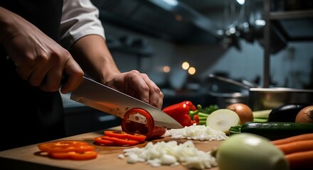 Chef slicing vegetables on a wooden cutting board