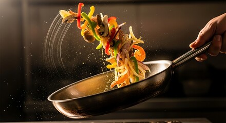 Chef tossing colorful vegetables in a pan